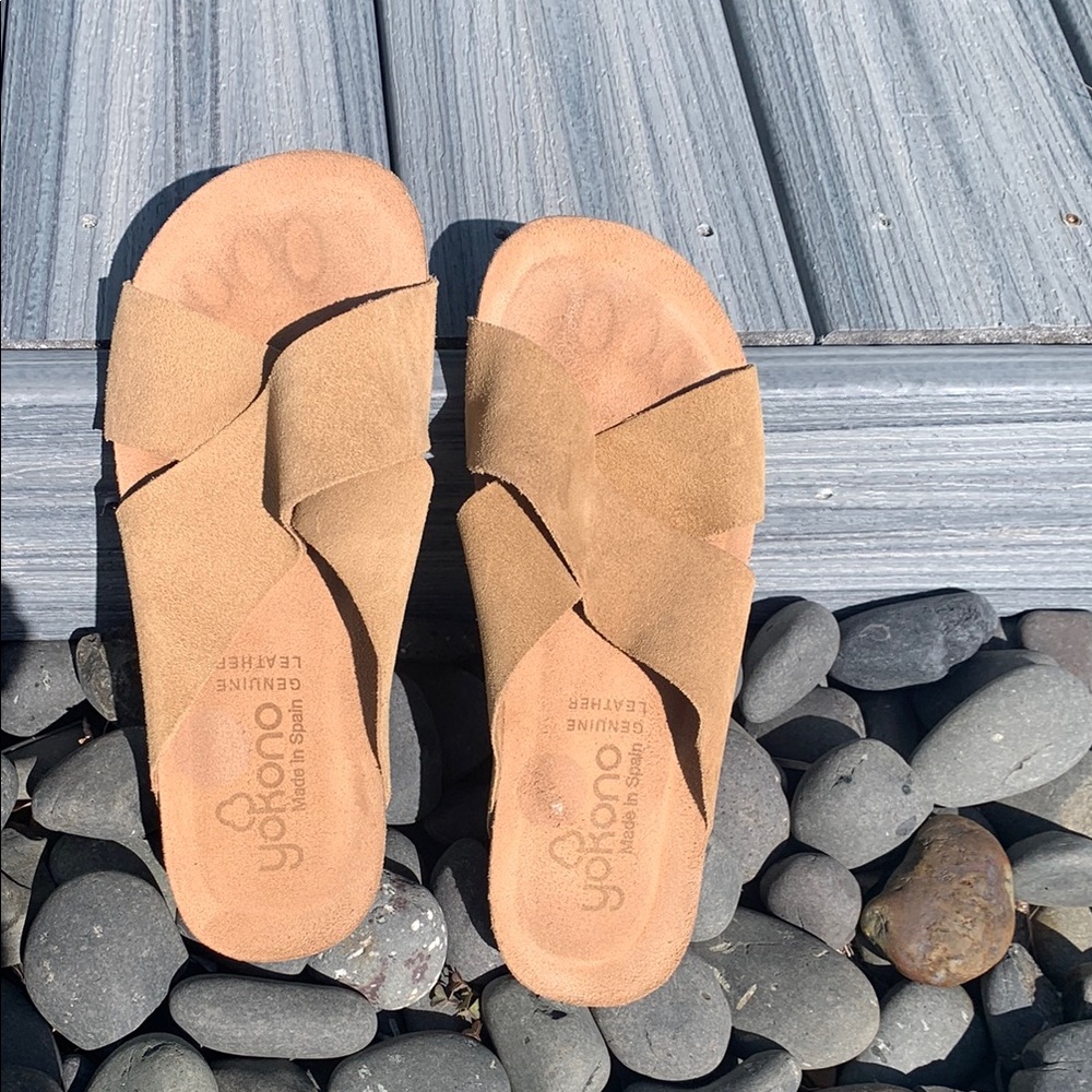 Tan Suede Slip-On Sandals with Crisscross Straps
